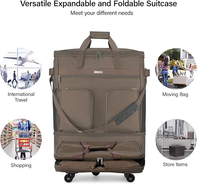 Hanke Expandable Collapsible Luggage with Wheels Suitcase, Rolling Travel Bag, Duffel Garment Tote Bag for Men Women, Lightweight Suitcase, Large Capacity Luggage with Spinner Wheel (Coffee)
