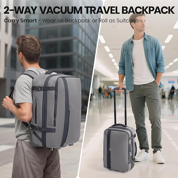 Fanwoli Vacuum Rolling Travel Backpack, Carry On Luggage with TSA Lock & Anti Theft Zipper, 70L Expandable Airback with Compression Pump, Waterproof Laptop Bag Ideal for Flight & Business,Grey