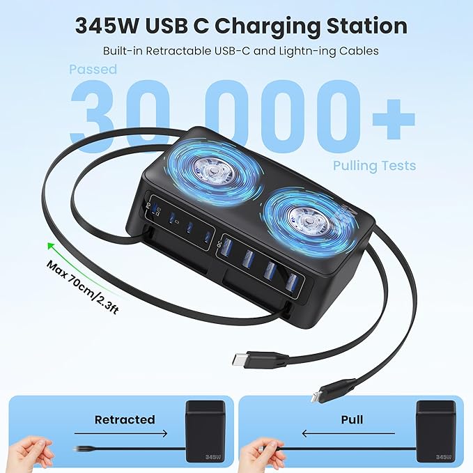 345W USB C Charger Block with 2 Built-in Retractable Cables,10-in-1 GaN IV USB C Charging Station,PD 65W Laptop Charger Power Adapter for MacBook Pro/Air,DELL,iPhone17/16/15/14,Galaxy S24,Android etc
