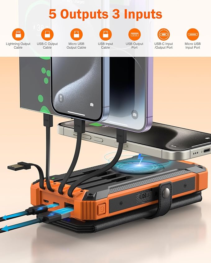 GOODaaa Power Bank Wireless Charger 36800mAh Solar Charger with Five Solar Panels Built-in Four Cable Five Outputs Portable Power Bank for Cell Phone with Dual Flashlights, Carabiner