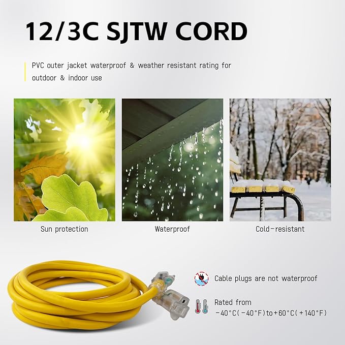 EP 6 ft Lighted Outdoor Extension Cord - 12/3 SJTW Heavy Duty Yellow Extension Cable with 3 Prong Grounded Plug - 15AMP Power Cord for Lawn, Garden, Appliances