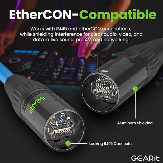 GEARit Shielded CAT6 Ethercon Cable (15 Feet) Professional Audio & Lighting RJ45 EtherCON-Compatible Cable for Studio, Stage, Concerts - 15ft Blue