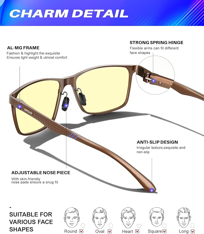 ANYLUV Blue Light Glasses Men, Relieve Eyestrain and Eye Protection, Al-Mg Metal Computer Blue Light Blocking Glasses