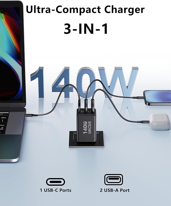 140W USB C Charger Block, Foldable 3-Port Multi-Device Fast Power Adapter, USB C Charger for MacBook pro/Air, Dell, Samsung Galaxy, iPad Pro, and More (Black)