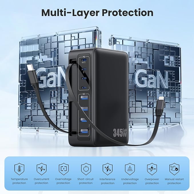 345W USB C Charger Block with 2 Built-in Retractable Cables,10-in-1 GaN IV USB C Charging Station,PD 65W Laptop Charger Power Adapter for MacBook Pro/Air,DELL,iPhone17/16/15/14,Galaxy S24,Android etc