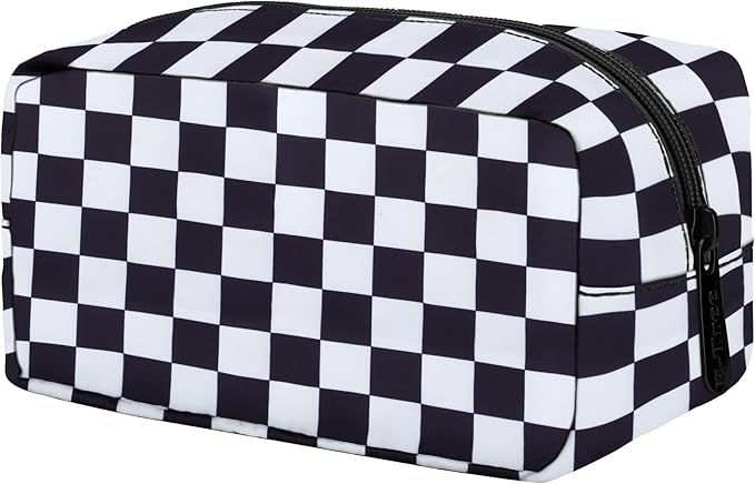 E-Tree Cute Makeup Bag,Medium Travel Make up Pouch for Purse,Zipper Toiletry Cosmetic Brush Skin Care Case for Women Man,Tech Electronic Organizer,Small Canvas Storage for Personal Items,Checkered