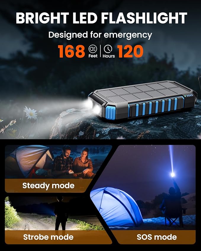 Riapow Solar Charger Power Bank - 27000mAh/99000mWh Wireless Portable Charger Built in 2 Cables - 22.5W Fast Charging Battery Bank with USB C in/Output, PD QC 3.0 Battery Pack Flashlight Outdoor