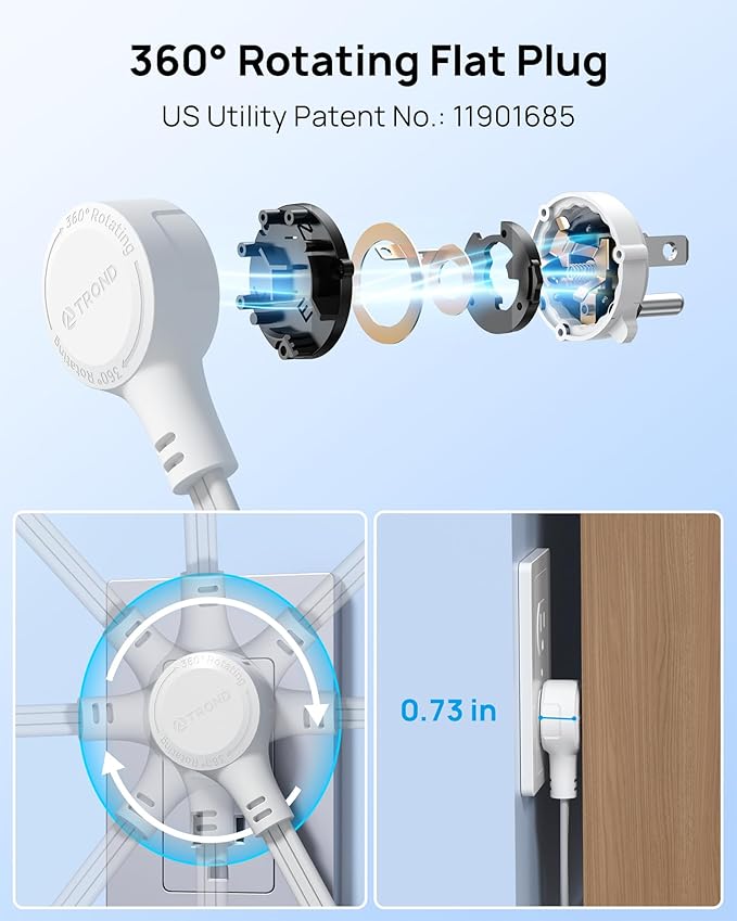 TROND 360° Rotating Flat Plug Power Strip, 10FT Extension Cord with 4 USB Ports, 4 Wide Spaced AC Outlets, Wall Mount, Surge Protector Power Strip for Office Travel Dorm Room Essentials, White