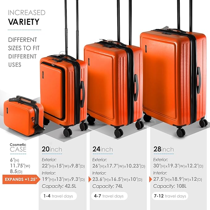 Hard Shell Luggage Sets with Spinner Wheels 4 Piece, Expandable Large Suitcases with TSA Lock, Travel Large Suitcase Set, Orange Luggage Set