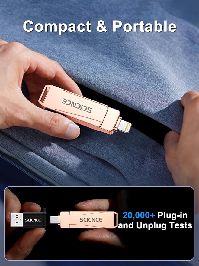 SCICNCE 128GB Flash Drive Intended for iPhone, USB Memory Stick Storage Backup for Photos Videos, Plug and Play No APP Required, Compatible with iPhone iPad Android and Computers (Rose Gold)