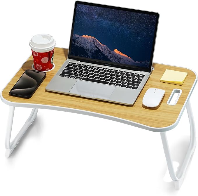 Laptop Bed Desk, Foldable Lap Table, Portable Study Table, Laptop Stand with Cup Holder & Tablet Slot & Lifting Handle for Working Writing Drawing & Eating - Wood