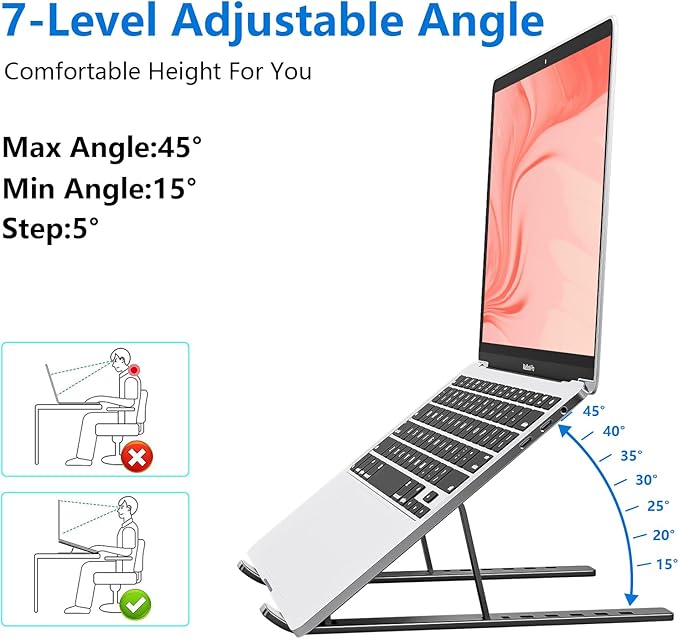 Laptop Stand for Desk, Aluminum Metal MacBook Stand，Computer Riser for Desk, Portable Foldable Adjustable Notebook Holder, Compatible with 10-15.6 Inch Laptops, iPad, Space Gray.