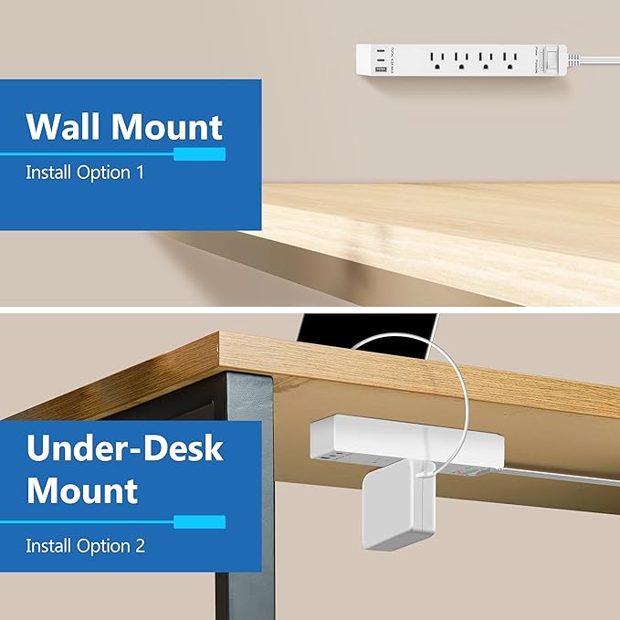 LIDER Outlet Extender with 4 Receptacles, USB-A and 2 USB-C, Ultra-Thin Flat-Plug with Cord Extender, 4-Outlet Power Strip, Slim Angled Design, Surge Protector, 1500 Joules, 5ft Cord, UL-Listed, White