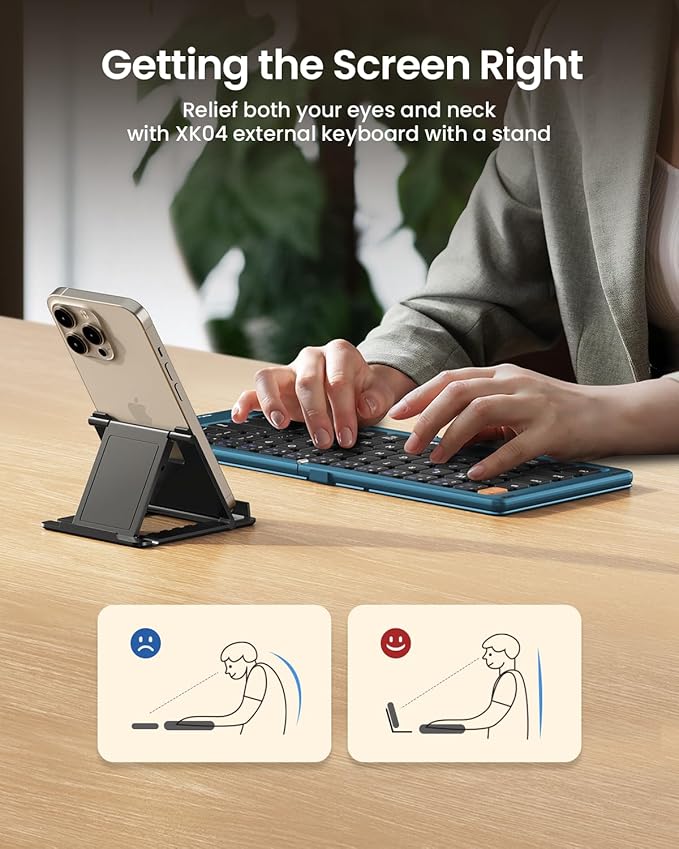 ProtoArc Foldable Compact Keyboard, XK04 Portable Bluetooth Keyboard with PU Leather Cover, Pocket-Sized Wireless Travel Keyboards for iPad, iPhone, Smartphone, Tablet and Laptop - Blue