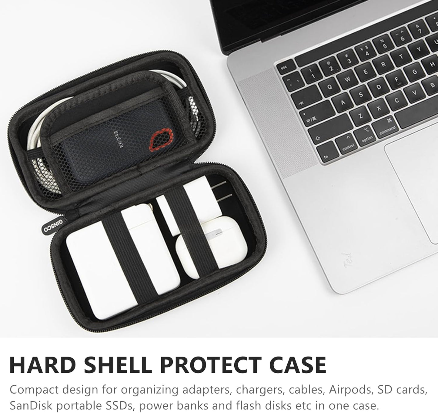 Ginsco Hard Shell Protection Case Electronic Accessories Organizer Pouch for MacBook Air/pro Adapter Chargers Cables Power Bank, for Sandisk Portable SSD Flash Disk SD Card (Black)