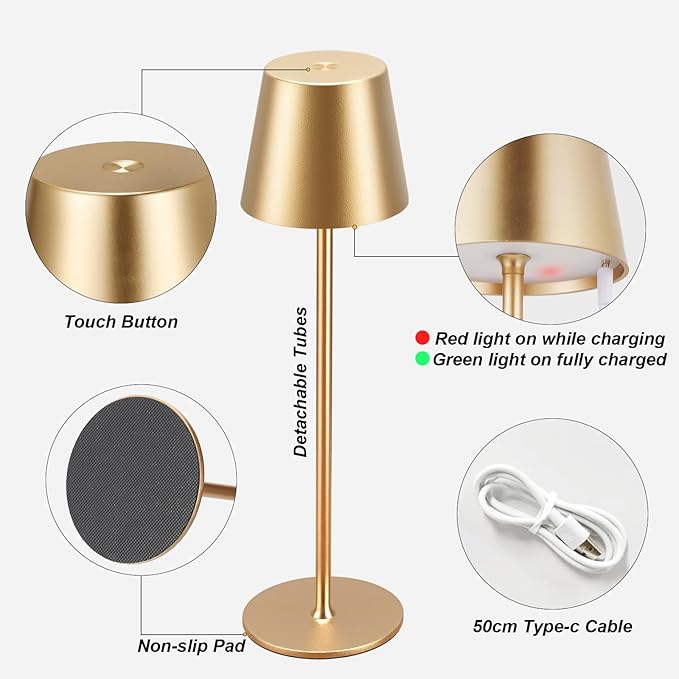 Cordless Table Lamp Rechargeable Gold - KK 2 Pack 5000mAH Battery Operated Lamp for Dining Table, 3 Color Stepless Dimming Waterproof LED Wireless Lamp for Counter, Outdoor Patio, Touch Control