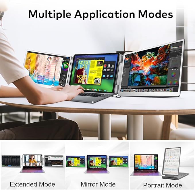 Laptop Screen Extender, 14-inch FHD 1200P IPS Triple Screen Laptop Monitor Extender Fits 12–16.5 inch, Portable Monitor Compatible with Windows and MacBook, Gray