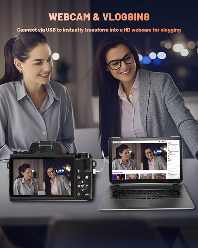 8K 64MP Digital Camera for Photography, Vlogging Camera with Autofocus, WiFi, 4Inch Touchscreen, 16X Digital Zoom, 3000mAh Battery, Dual-Lens, Lens Hood, 32GB TF Card and Flash,Black