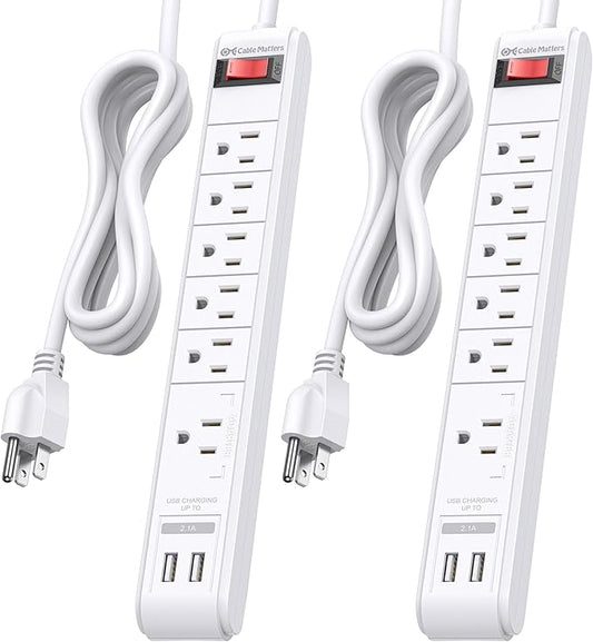 [ETL Listed] Cable Matters 2-Pack 6-Outlet Surge Protector Power Strip with USB Ports - 8ft, Long Extension Cord, Surge Protector with USB Ports, White