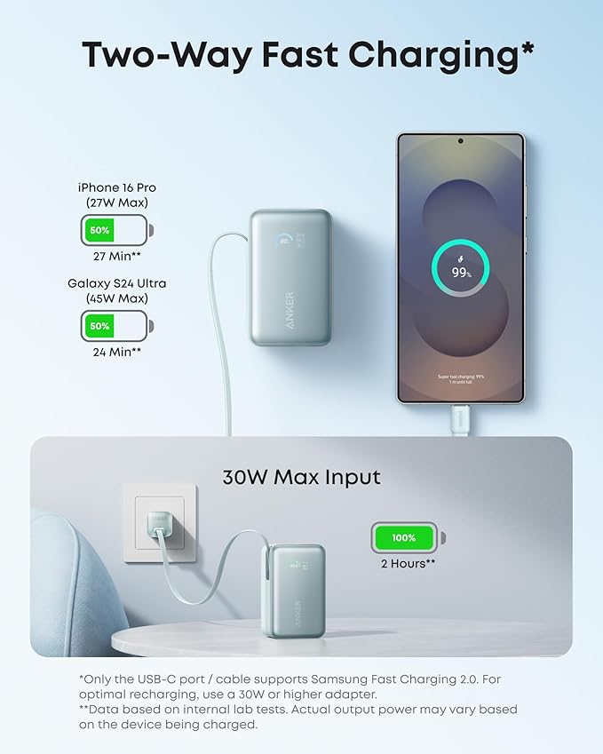Anker Nano Portable Charger, 10,000mAh 45W Max Compact Power Bank, Travel Essential Phone Battery Pack with 2.3 ft InstaCord Retractable Cable for iPhone 17/16 Series, iPad, Galaxy, Pixel, and More