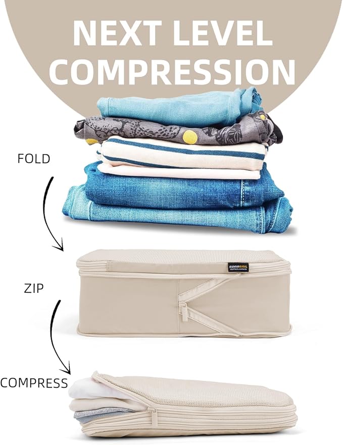 6 Set Compression Packing Cubes, Suitcase Storage Bags for Clothes and Travel Essentials (Cream White)