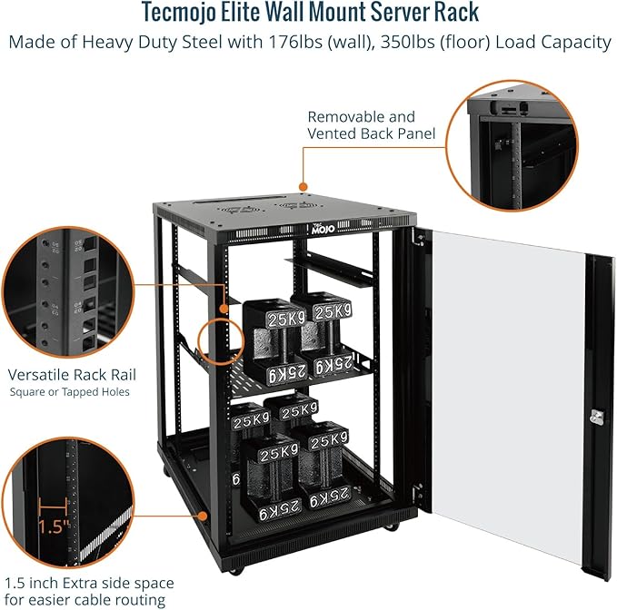 Tecmojo 18U Wall Mount Rack,18U Rack 17.7 Inch Depth,Hold Up to 176 Lbs,Movable Enclosed Rack Kit for 19 Inch Network,Server and AV Gear,Glass Door(Elite Collection)