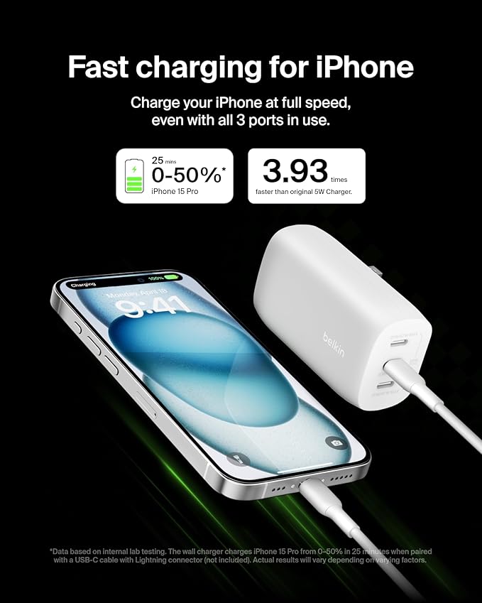 Belkin 3-Port USB C Charger Block 67W - PPS USB-C PD3.1 PPS Super Fast Charging - Samsung Galaxy S25, Apple iPhone 17, Air, Pro, MacBook, AirPods, Apple Watch, Nintendo Switch 2 & More - White, 2-Pack