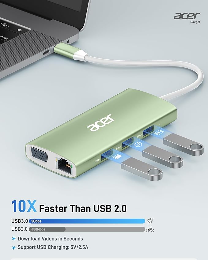 Acer USB C Hub with 4K HDMI, 9-in-1 USB C to Ethernet Adapter, 5Gbps USBA 3.0 Docking Station, VGA Splitter, SD Card Reader, PD 100W Charging for MacBook, Acer, Laptops, Surface and More (Green)