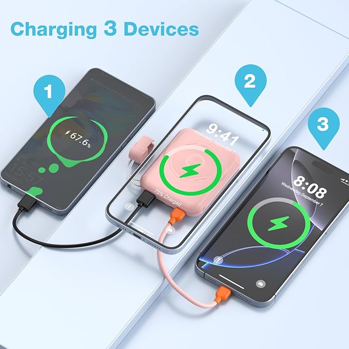 Small Magnetic Power Bank,5000mAh Mag-Safe Battery Pack with 20W Fast Charging Detachable USB C&iOS Cable,with LED Display,Slim Wireless Portable Charger for iPhone16/15/14/13/12 Series (Pink)