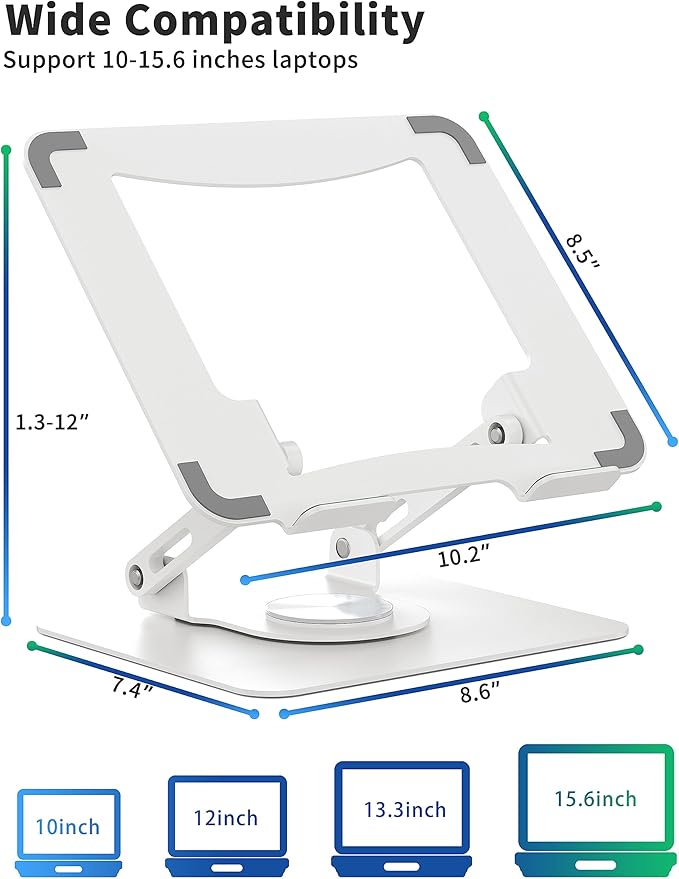 SOUNDANCE Laptop Stand with 360° Rotating Base, Ergonomic Computer Riser for Desk, Adjutable Height Muti-Angle, Foldable Laptop Mount, Stable Metal Holder Support 10-15.6" Notebook PC, White