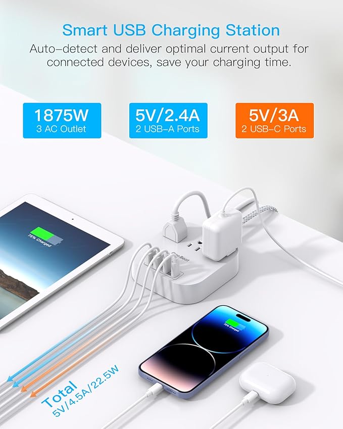 One Beat Power Strip with USB C, 3 Outlets 4 USB Ports (22.5W/4.5A) Desktop Charging Station, Flat Plug, 5ft Braided Extension Cord, Non Surge Protector for Travel, Cruise Ship, ETL Listed