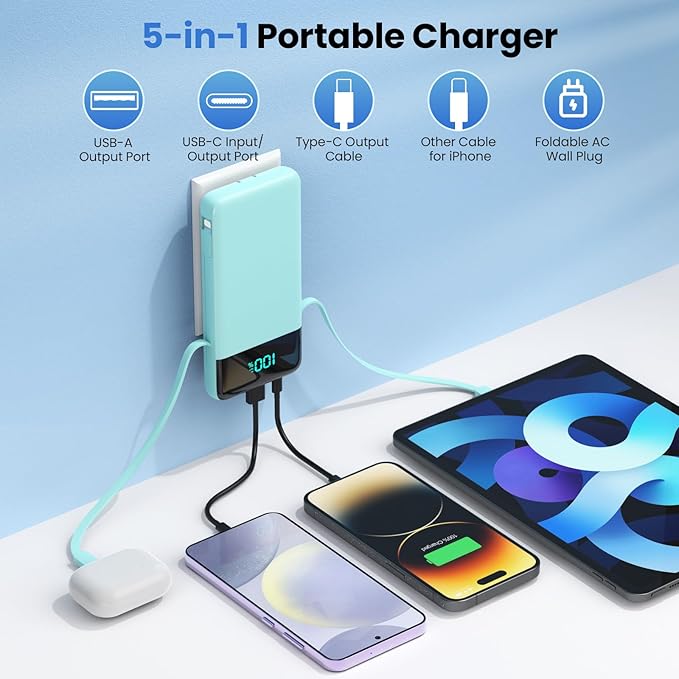 Portable Charger 13800mAh Power Bank with Built-in Cables,LCD Display Fast Charging USB C Battery Pack,4 Outputs Travel Essential Portable Phone Charger for iPhone 16/15/14/13,Samsung,Android (Green)