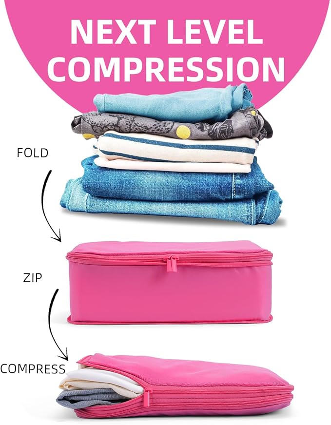 6 Set Compression Packing Cubes for Travel, Large Medium Small Luggage Organizers (Rose Red)