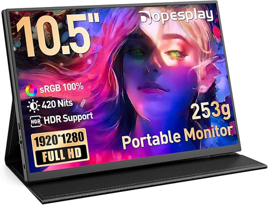 Portable Monitor,10.5" HDR 1280P Ultra-Thin 100% sRGB Travel Portable Monitor for Laptop, 420 Nits Mini Secondary Display with Protective Case & Speaker, Monitors for Laptop, PC Mac Phone PS4/5 Xbox