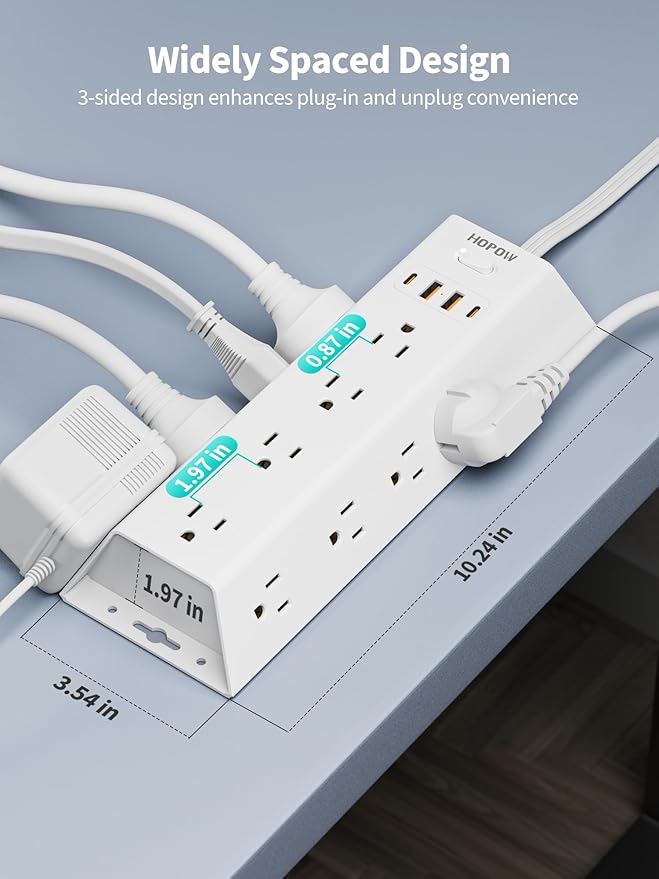 10FT Surge Protector Power Strip, HOPOW Long Extension Cord with 12 Widely AC Outlets 4 USB (2-USB C), Flat Plug, Wall Mount Power Strip, 1700 Joules Charging Station for Home Office, White