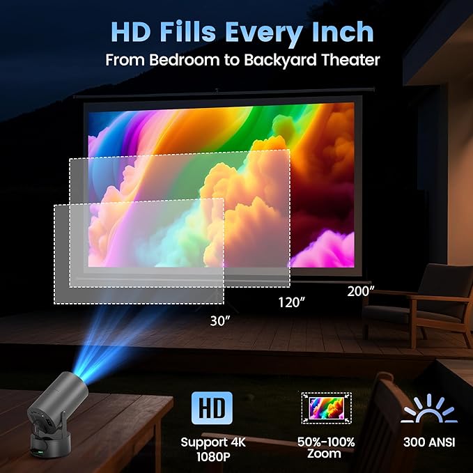 Portabler Projector with Built-in Battery, Outdoor Movie Projector for Camping, Backyard, Bedroom, Mini Projector with WIFI and Bluetooth, 180° Rotatable Stand, Auto Keystone, Electric Focus