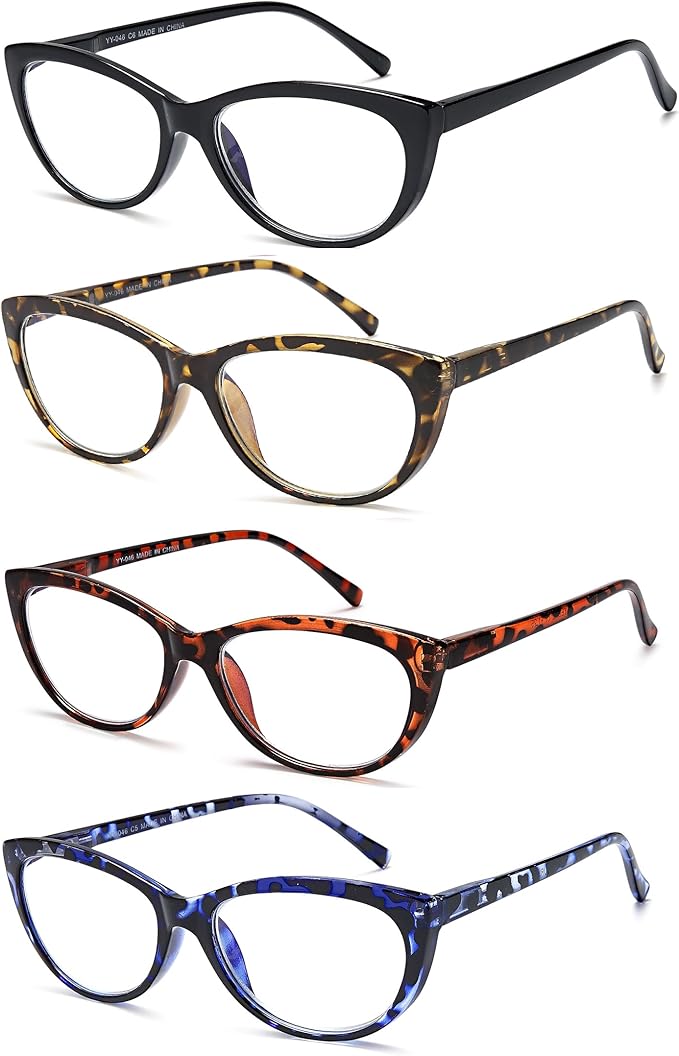 EYEURL 4 Pack Cat Eye Reading Glasses for Women Blue Light Blocking Readers Lightweight Spring Hinge Anti Eyestrain UV Fashion Eyeglasses +0.0