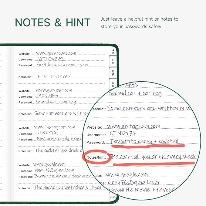 Password Book with Alphabetical Tabs – Hardcover Internet Address & Password Organizer – Password Keeper Notebook for Computer & Website – 5.2 x 7.6" Log-in Password Journal w/ Thick Paper (Earth Green)