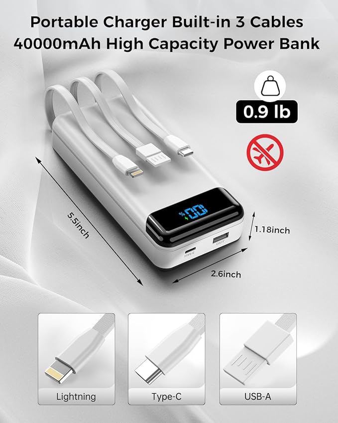 Portable Charger 40000mAh Power Bank Built-in Cable Battery Pack, PD 22.5W Fast Charging Portable Phone Charger 4 Output 3 Input, Compatible with iPhone 16 15 14 13 Samsung Google iPad (White)
