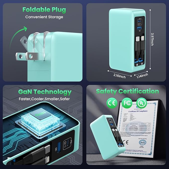 120W USB C Charger Block with 2 Built-in Retractable Cables,4-in-1 GaN IV Foldable Plug Wall Charger Fast Charging Station,PD 65W Laptop Adapter for MacBook/iPad,iPhone 16/15,Galaxy S24,Android-Green