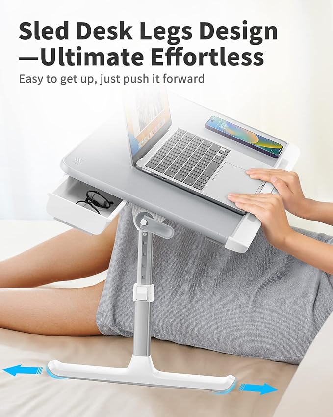 SAIJI Laptop Bed Tray Table, Adjustable PVC Leather Laptop Bed Table, Portable Standing Desk with Storage Drawer, Foldable Lap Tablet Table for Sofa Couch Floor (Gray)