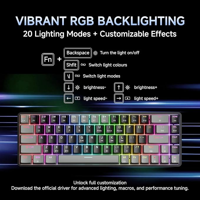 DIERYA DK68 60% Wireless Mechanical Gaming Keyboard, 3 Modes Bluetooth/2.4G/USB-C with Clicky Blue Switch, RGB Backlit, Anti-Ghosting, 68-Key Compact mini Keyboard for Windows/macOS/Linux- Grey/Black