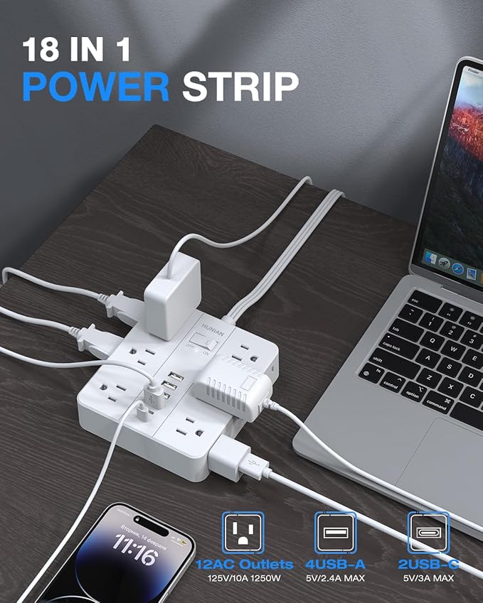 Flat Plug Power Strip Surge Protector, Flat Extension Cord Indoor 20 Feet， HUNIAN 12 Widely Spaced Outlets with 6 USB (2 USB C Ports), Desk Charging Station for Home Office Supplies, White