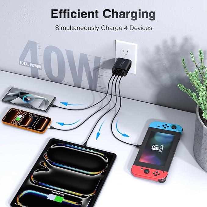 [2 Pack/40W] 4-Port USB C Wall Charger Block, Fast Type C Power Brick Charging Cube Power Delivery Wall Plug for iPhone 17/1615/14/13/12/14 Pro/13 Pro, Huawei, Xiaomi, Oneplus, Galaxy(Black)