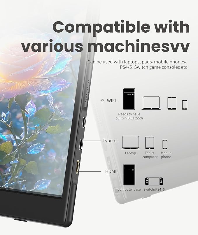 Wireless Portable Monitor for Laptop/PC, 15.6" FHD IPS Travel Monitor with Stand, Built-in G-Sensor, Auto Rotate, HDMI/Type-C, Eye Care, PU Bag, VESA Mount for Mac/Phones/PS5/PS4/Xbox/Switch