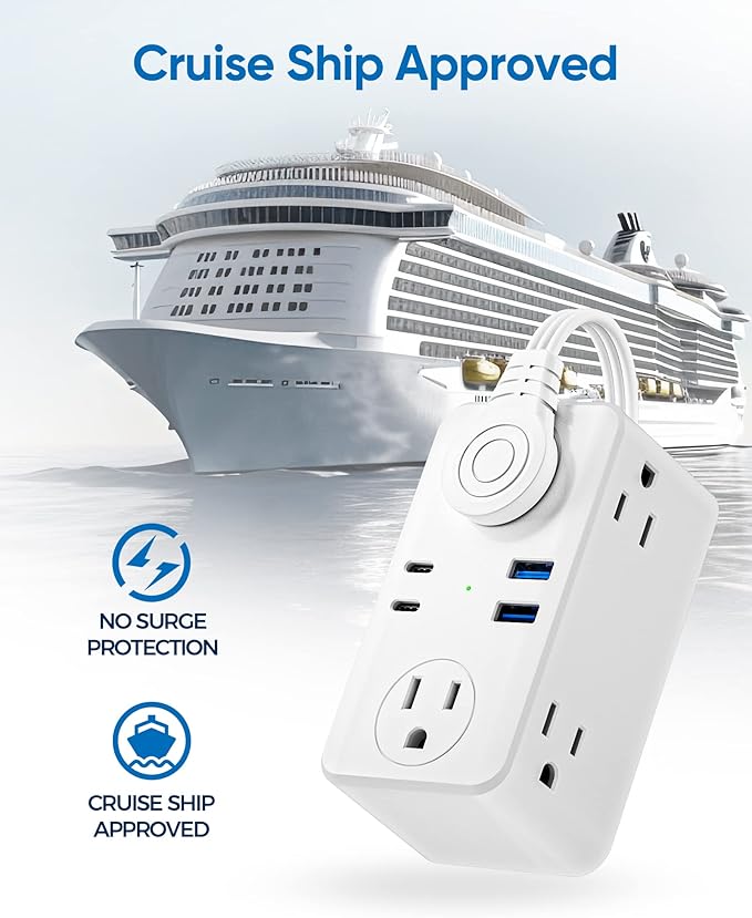 Travel Power Strip with USB Ports (3.0A), Ultra Flat Plug Power Strip, 6 AC Outlets, 4 USB Ports (2 USB C), 3ft Wrapped Around Extension Cord for Cruise Ship Travel Essentials