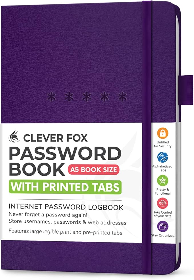 Clever Fox Password Book – Alphabetized Internet Address & Password Organizer – Computer & Website Password Keeper Notebook – Log-In Password Journal - Medium, A5, 8.3x5.8″, Hardcover (Purple)