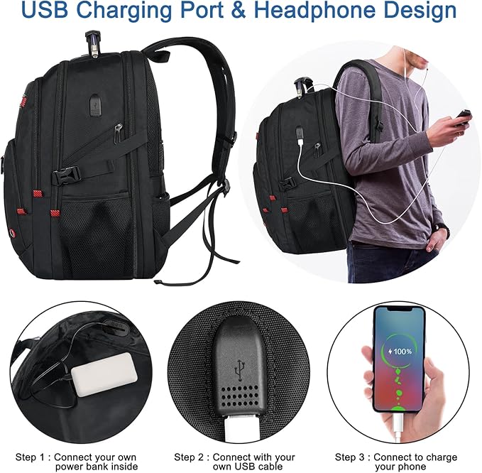 Z-MGKISS Extra Large Travel Backpack, 52L TSA Backpack 17.3 Inch, Anti-Theft 17 Inch Big Business Laptop Backpack for Men & Women, Water Resistant College Rucksack Bag with USB Port, Black