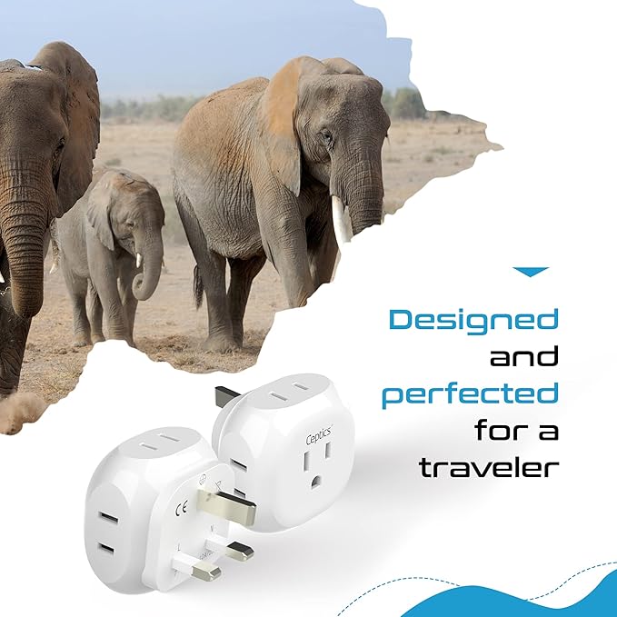 Ceptics US to UK Plug Adapter UK, Ireland Power Adapter Charger 4 Input - Ultra Compact - Light Weight - USA to Any Type G Countries Such as Hong Kong, England and More - 2 Pack (PT-7), White