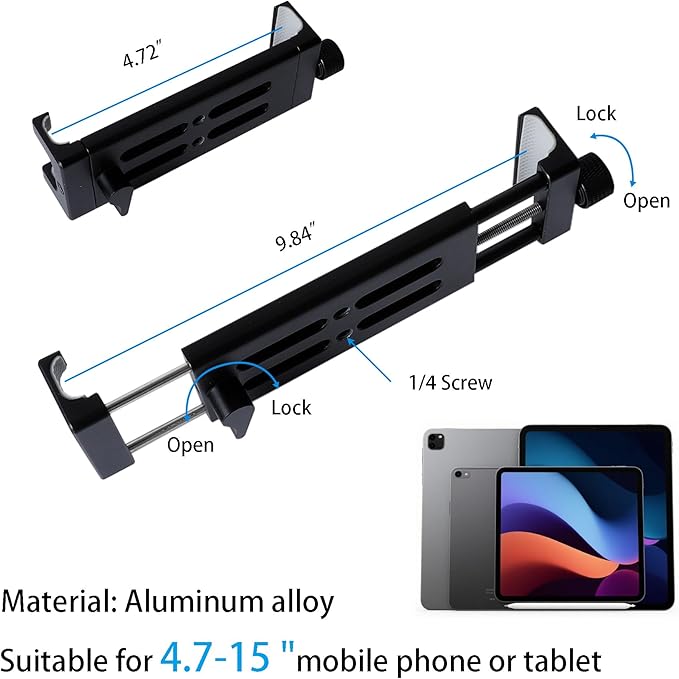 All-Aluminium tablet Holder Bike Handlebar Mount Clamp for Stationary Bicycle Spin Bike Stroller, Tablet Holder for Microphone Stand and Mic Music Stand, Compatible with iPad, iPhone, 4.7-15" Devices